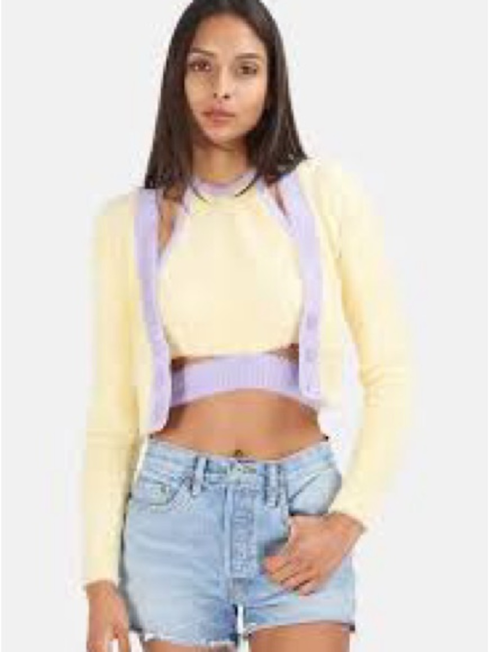 For Love And Lemons Yellow Cropped V‑Neck Cardigan with Lavender Trim